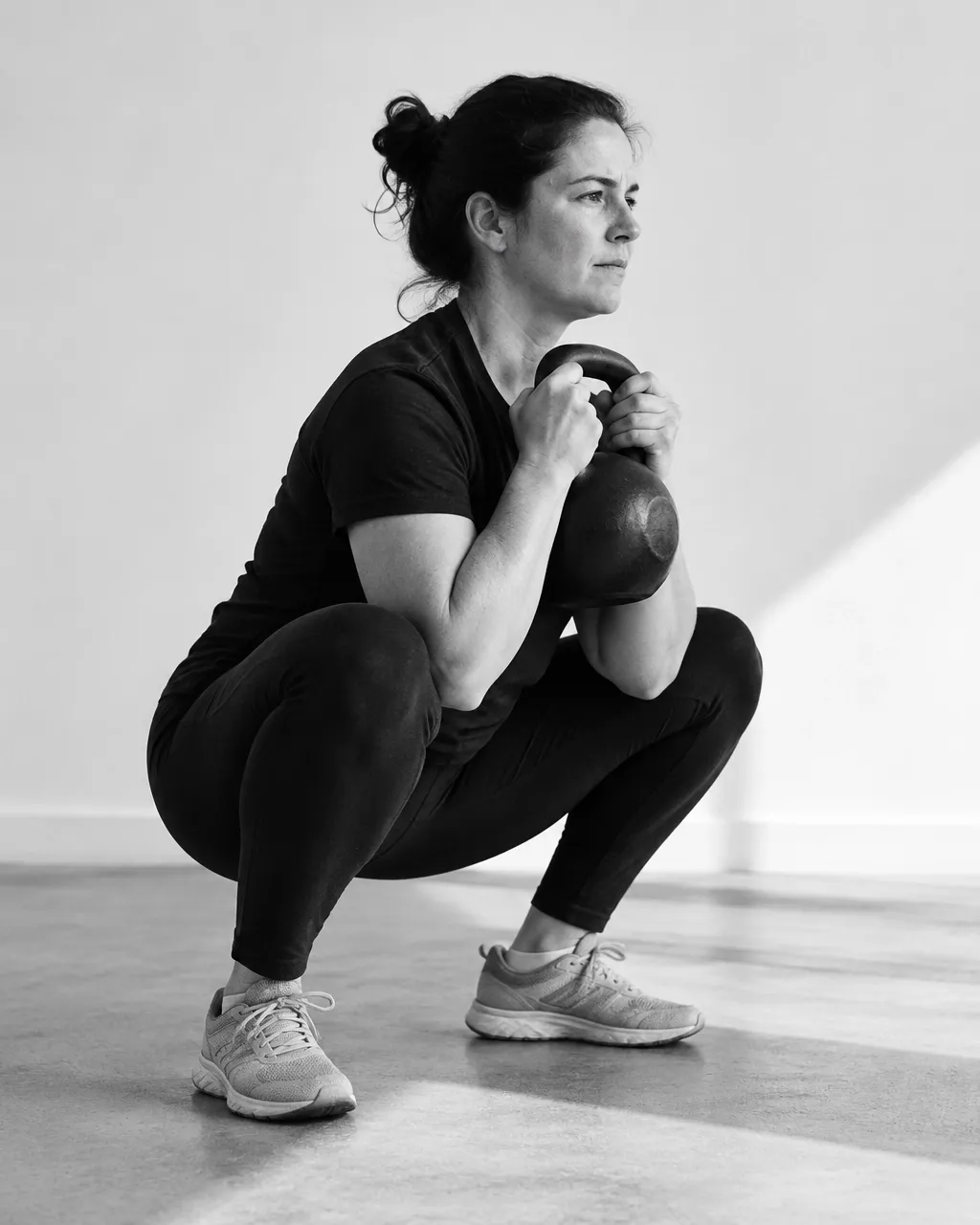 Woman holding a kettlebell in a deep goblet squat